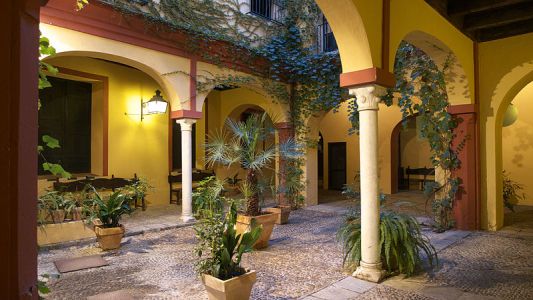 a vase of flowers sits in front of a house